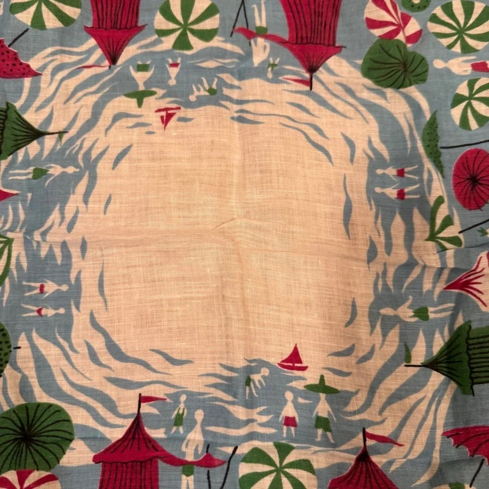 Rare Signed Vintage Tammis Keefe‎ Cotton Handkerchief Whimsical Beach Scene
